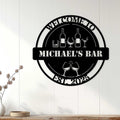 Custom home bar metal sign displayed on a white paneled wall above a console table