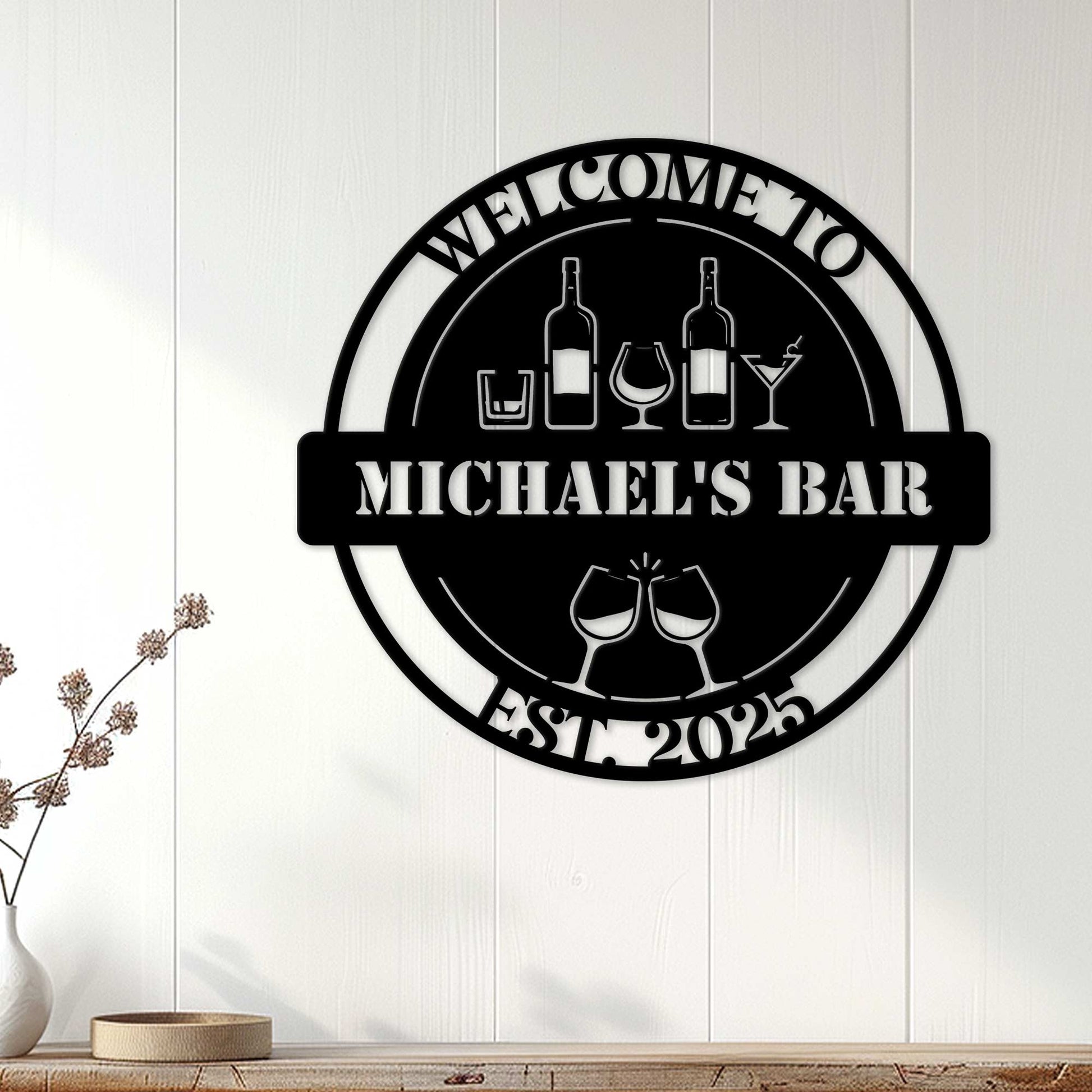 Custom home bar metal sign displayed on a white paneled wall above a console table