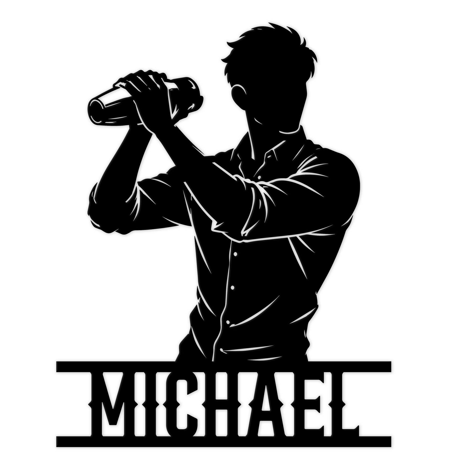 Custom bartender metal sign featuring a bold black silhouette of a bartender raising a bottle