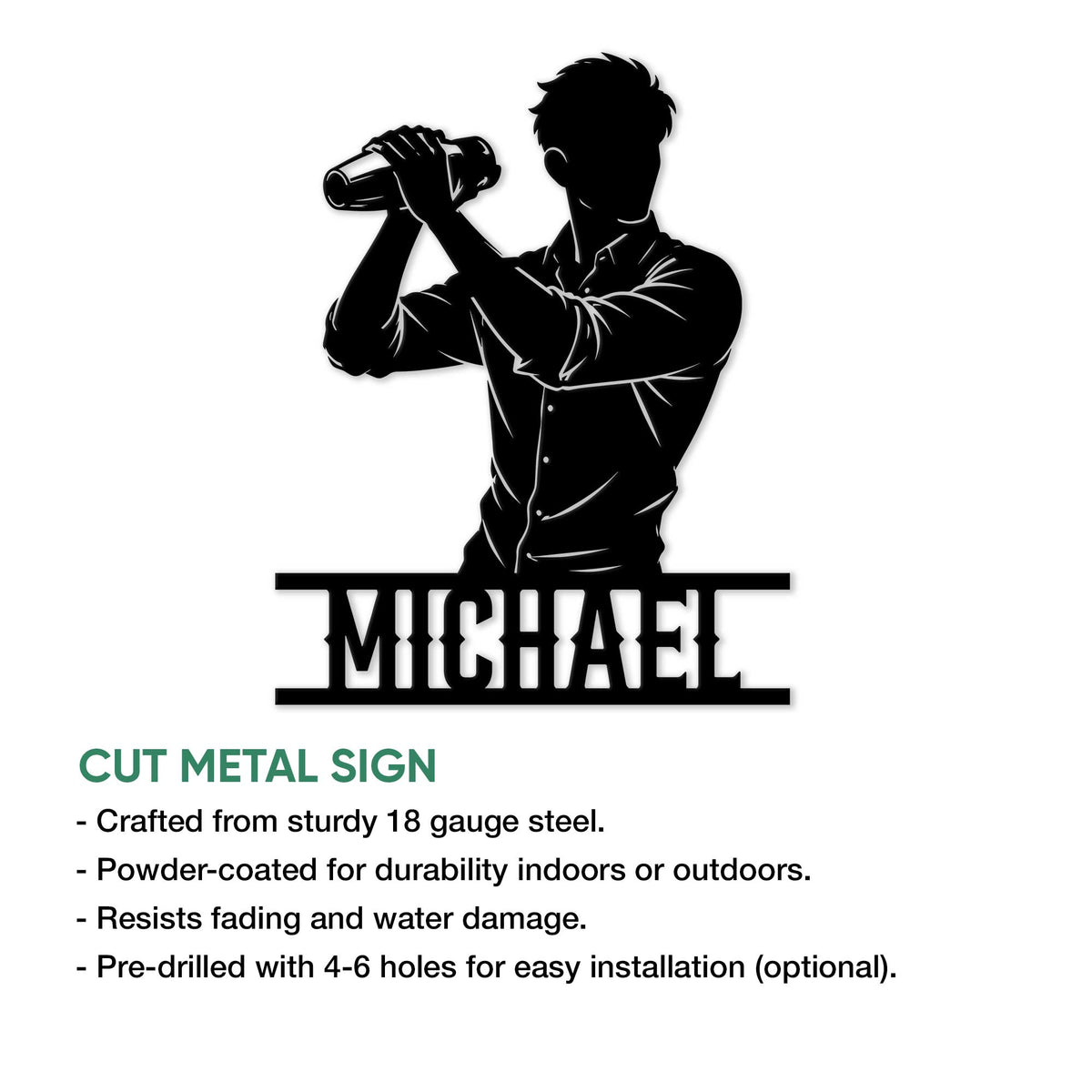Bartender metal sign product graphic showing a bottle-raising silhouette and cut metal sign details