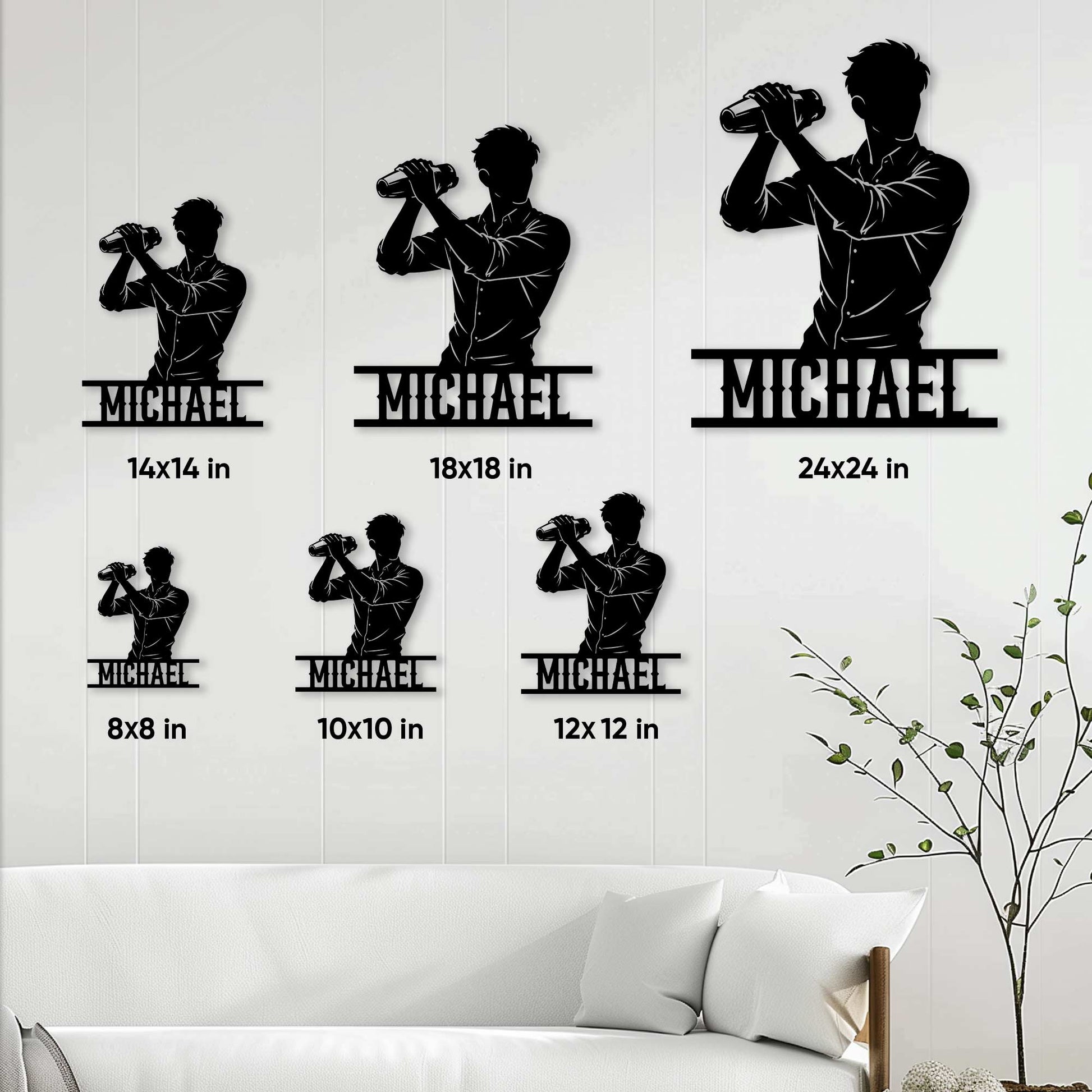 Bartender wall sign shown in multiple size options above a modern living room sofa