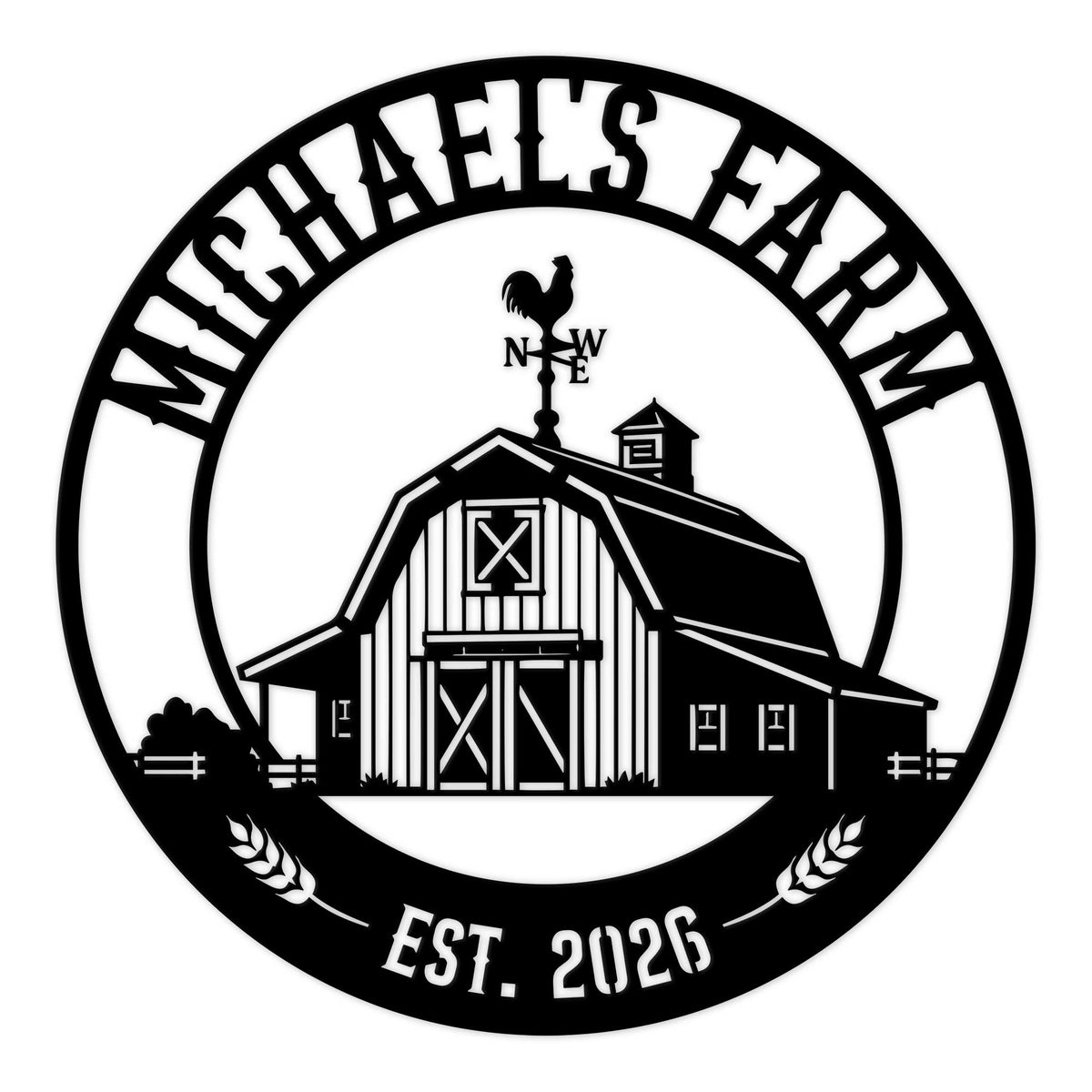 Round farmer metal sign featuring a classic barn, rooster weathervane, wheat accents, and farmhouse styling