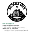 Farm barn metal sign shown with a cut-metal design and black silhouette artwork