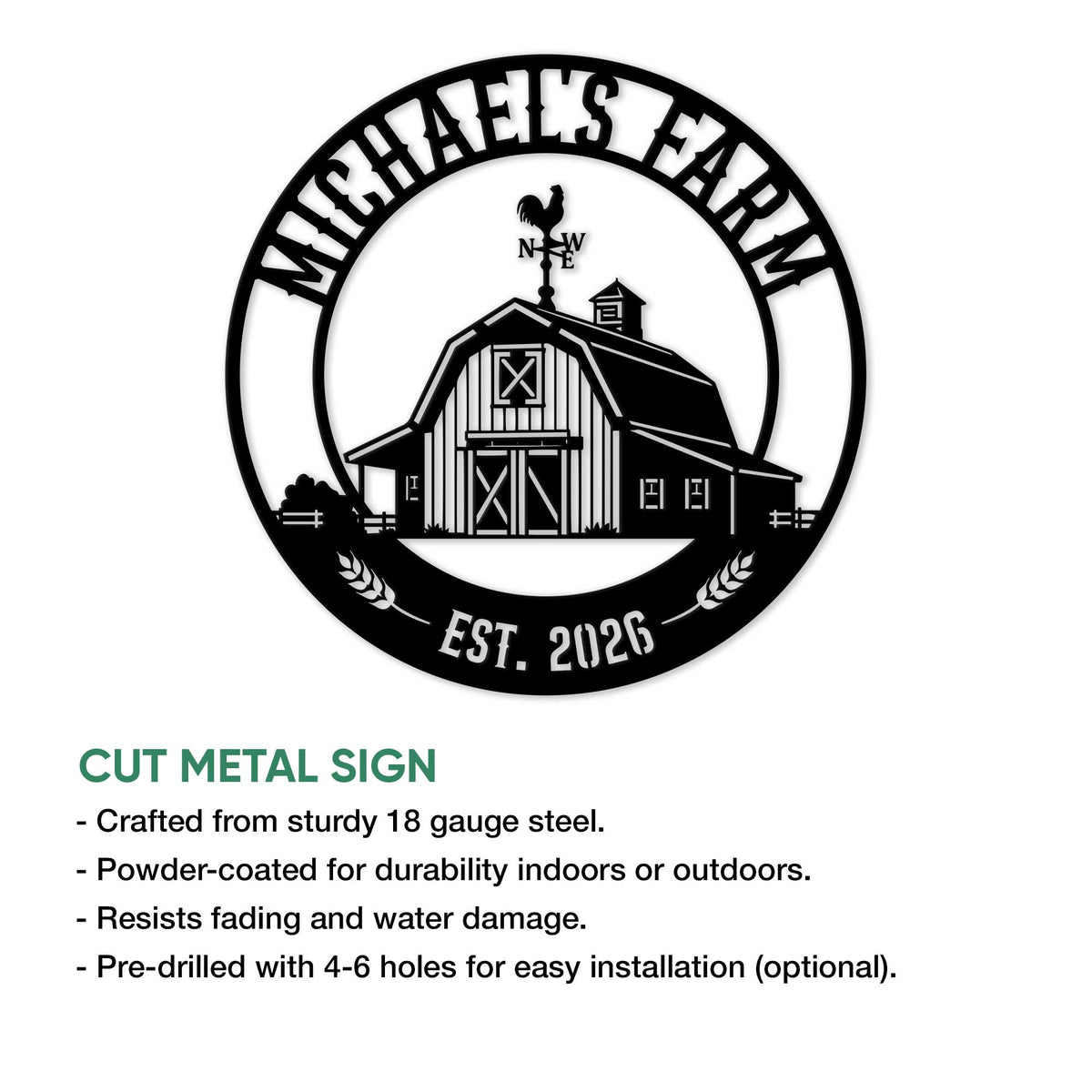 Farm barn metal sign shown with a cut-metal design and black silhouette artwork