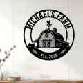 Round custom farm sign displayed on a white paneled wall above a console table