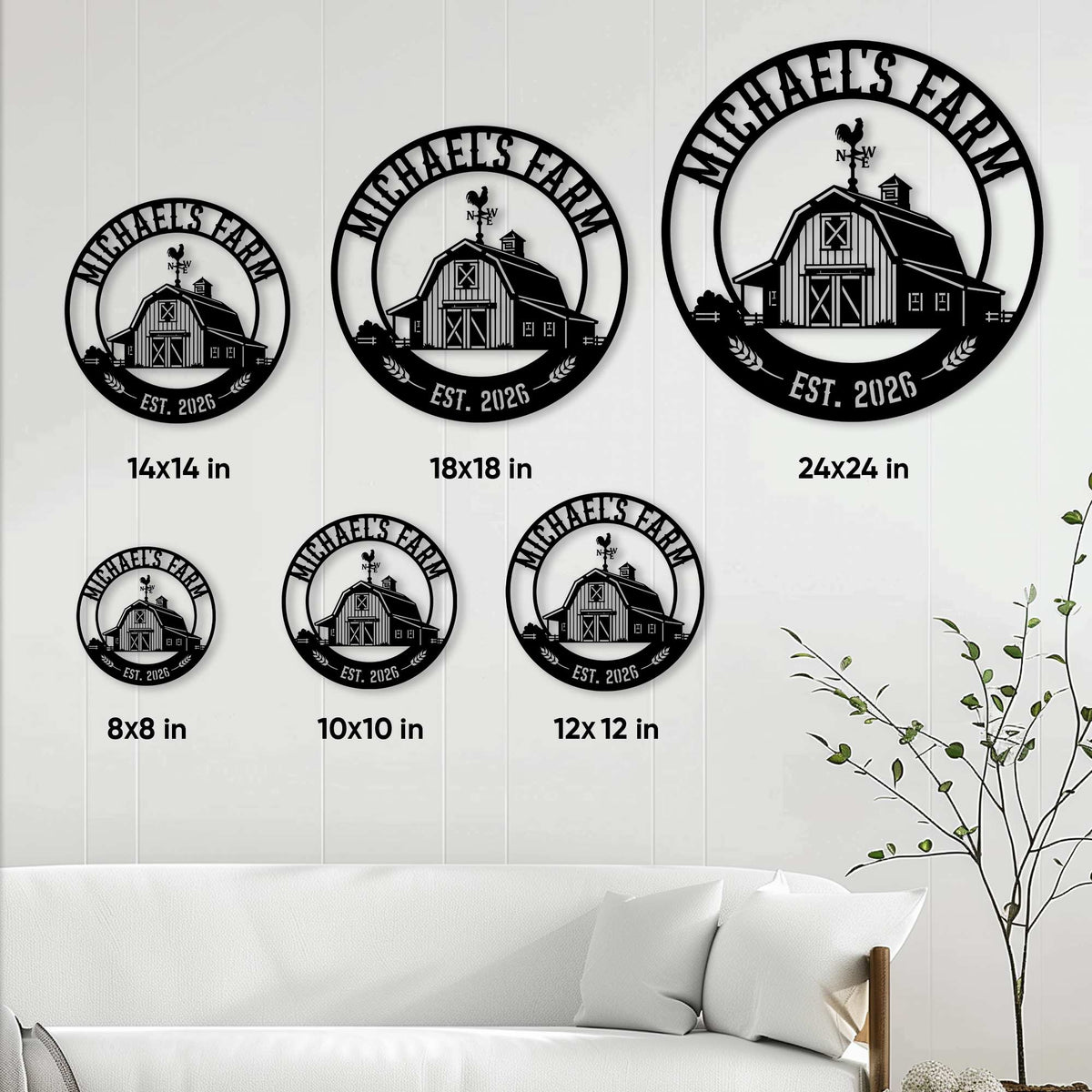 Farm metal sign size guide showing circular options from 8 by 8 to 24 by 24 inches