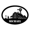 Custom farmer metal sign with a detailed barn, windmill, seated figure, fence, and oval farmhouse silhouette