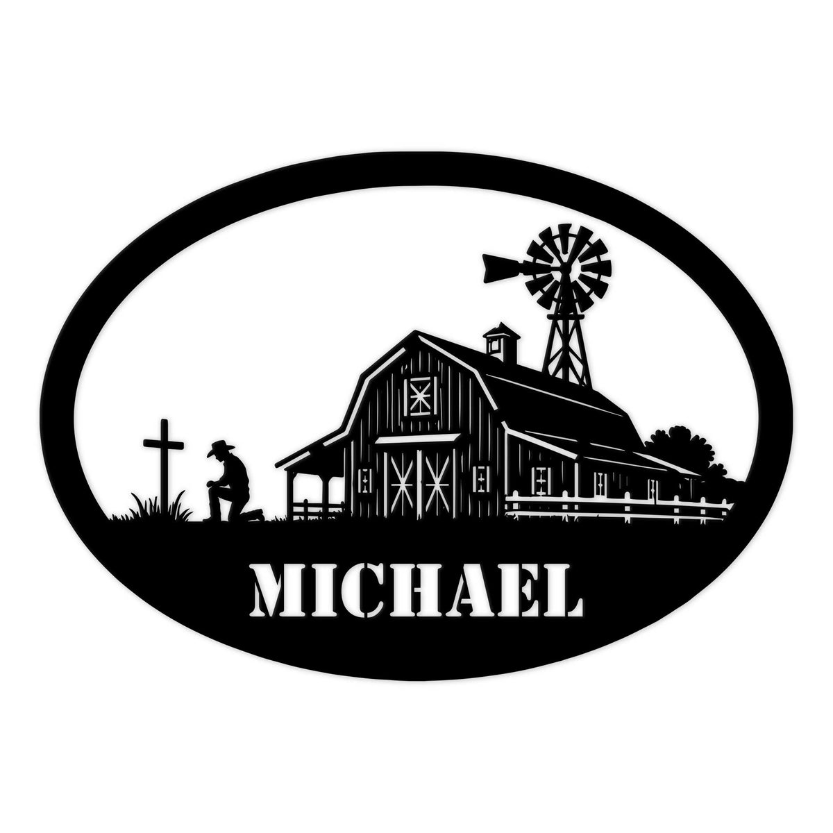 Custom farmer metal sign with a detailed barn, windmill, seated figure, fence, and oval farmhouse silhouette