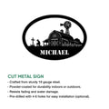 Farmer metal sign featuring a rustic barn and windmill silhouette, shown with product feature information