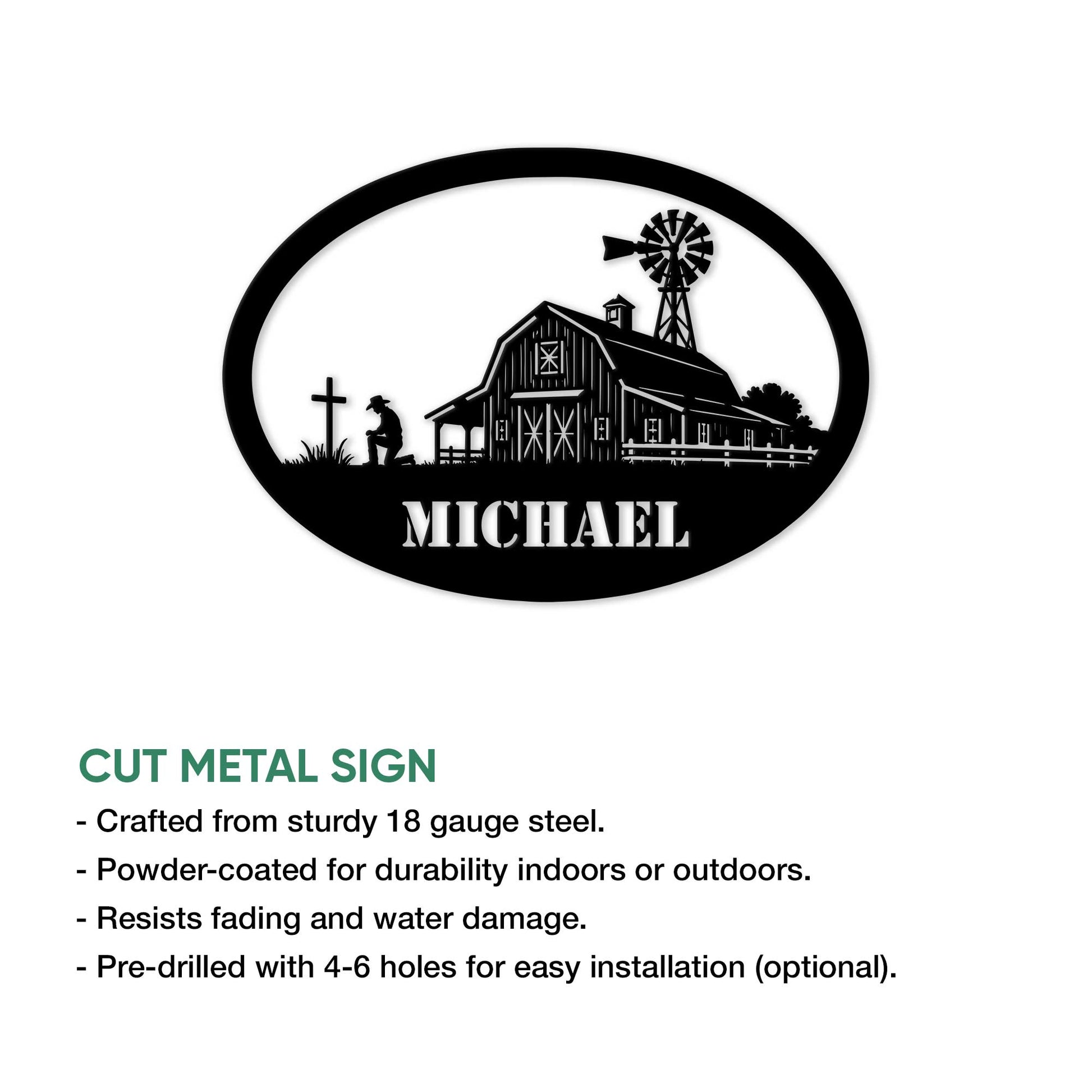 Farmer metal sign featuring a rustic barn and windmill silhouette, shown with product feature information