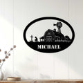 Farmhouse metal wall sign displayed on white paneled decor with a barn, windmill, and rural homestead scene