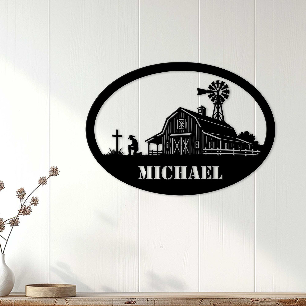 Farmhouse metal wall sign displayed on white paneled decor with a barn, windmill, and rural homestead scene