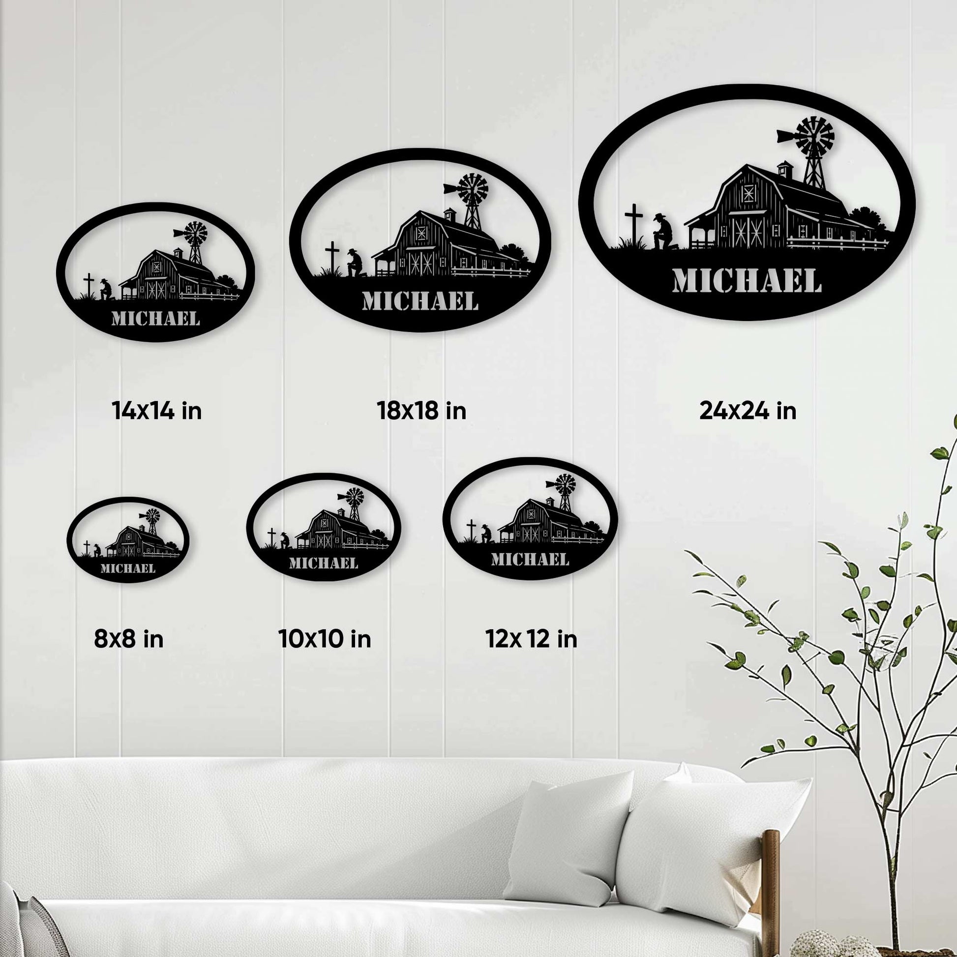 Farmer metal sign size guide showing oval designs in six sizes from 8x8 inches to 24x24 inches