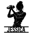 Custom bartender metal sign featuring a woman raising a bottle in a bold black silhouette