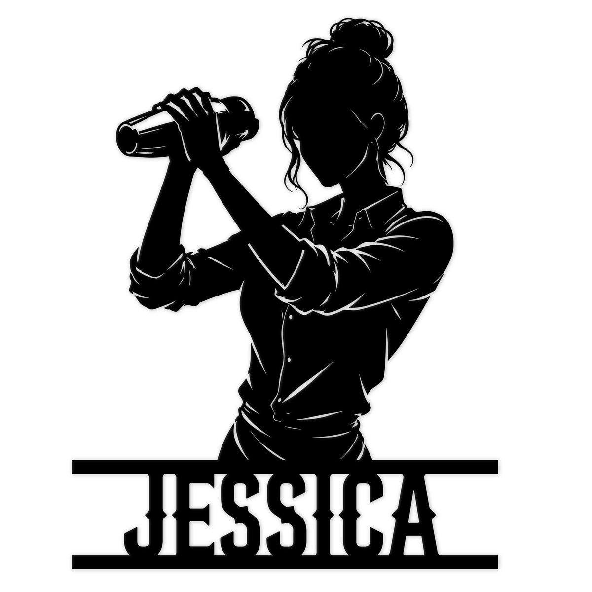 Custom bartender metal sign featuring a woman raising a bottle in a bold black silhouette