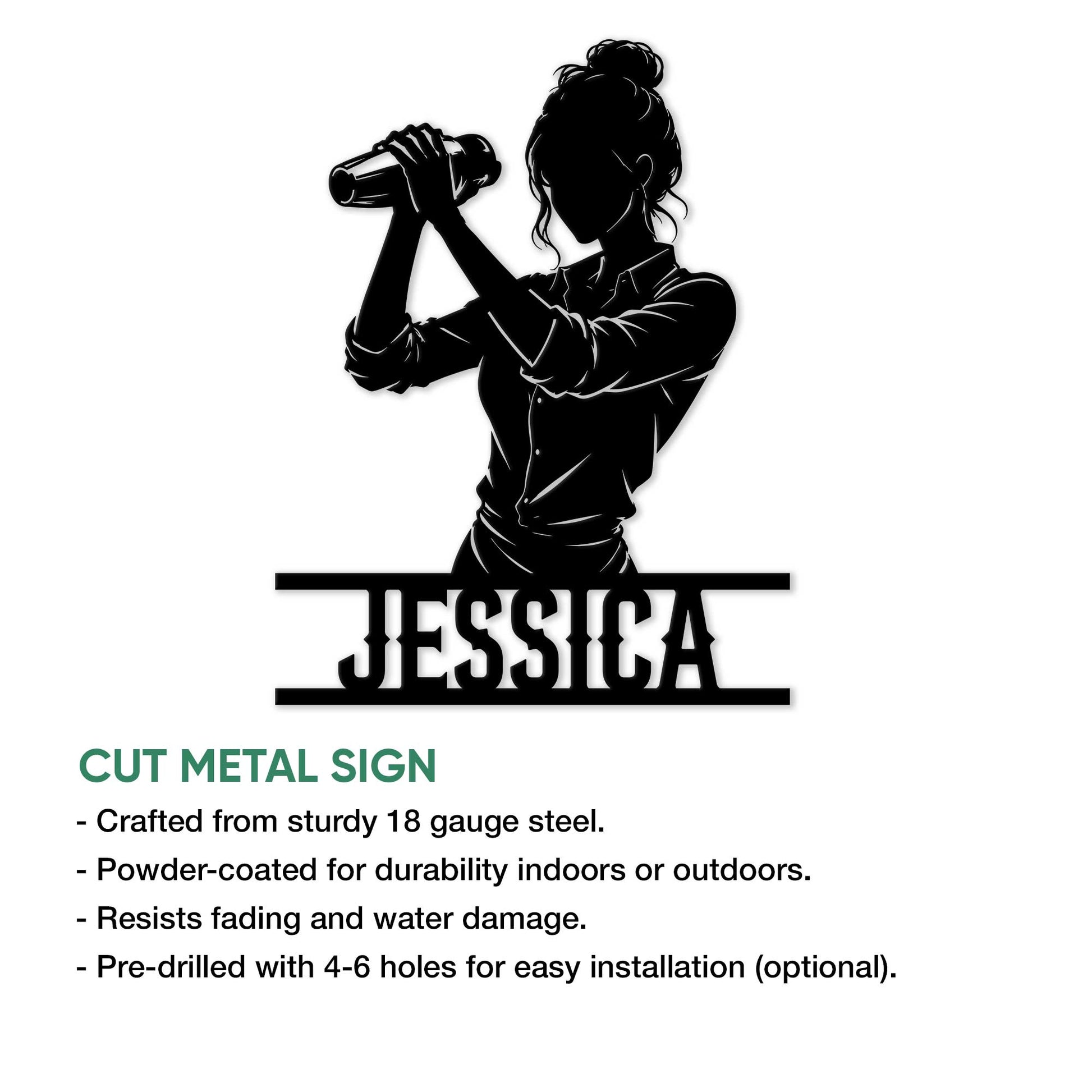 Bartender silhouette metal sign shown in a product details graphic with cut metal sign presentation