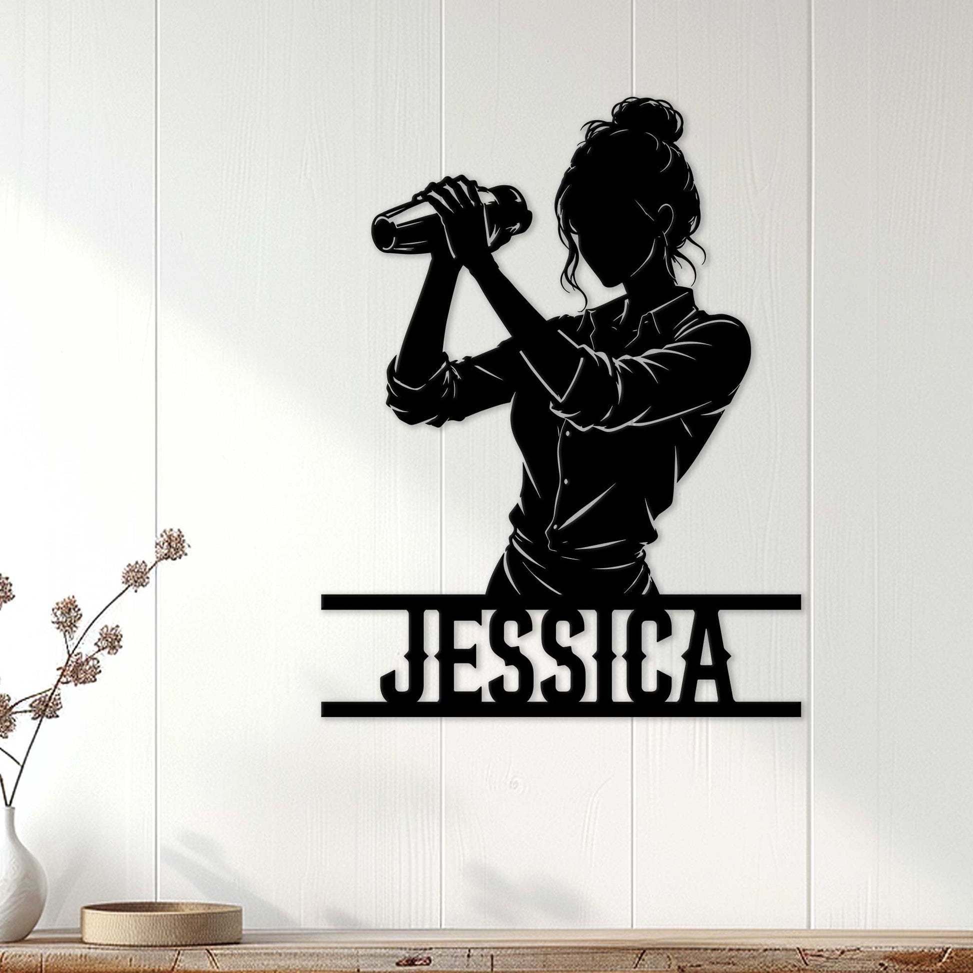 Black bartender metal sign displayed as stylish wall decor in a bright home interior
