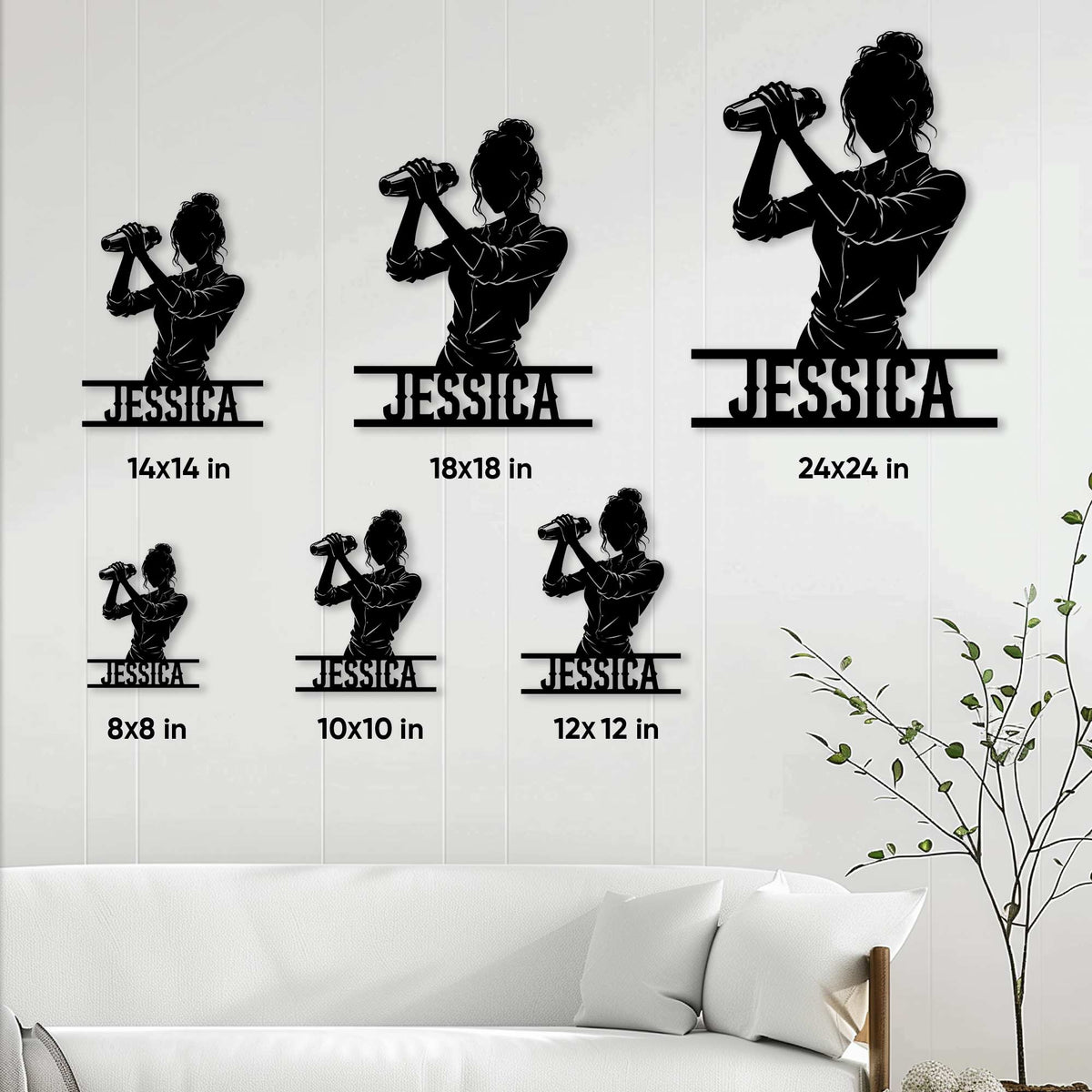 Bartender metal sign size guide showing six square size options from 8x8 to 24x24 inches