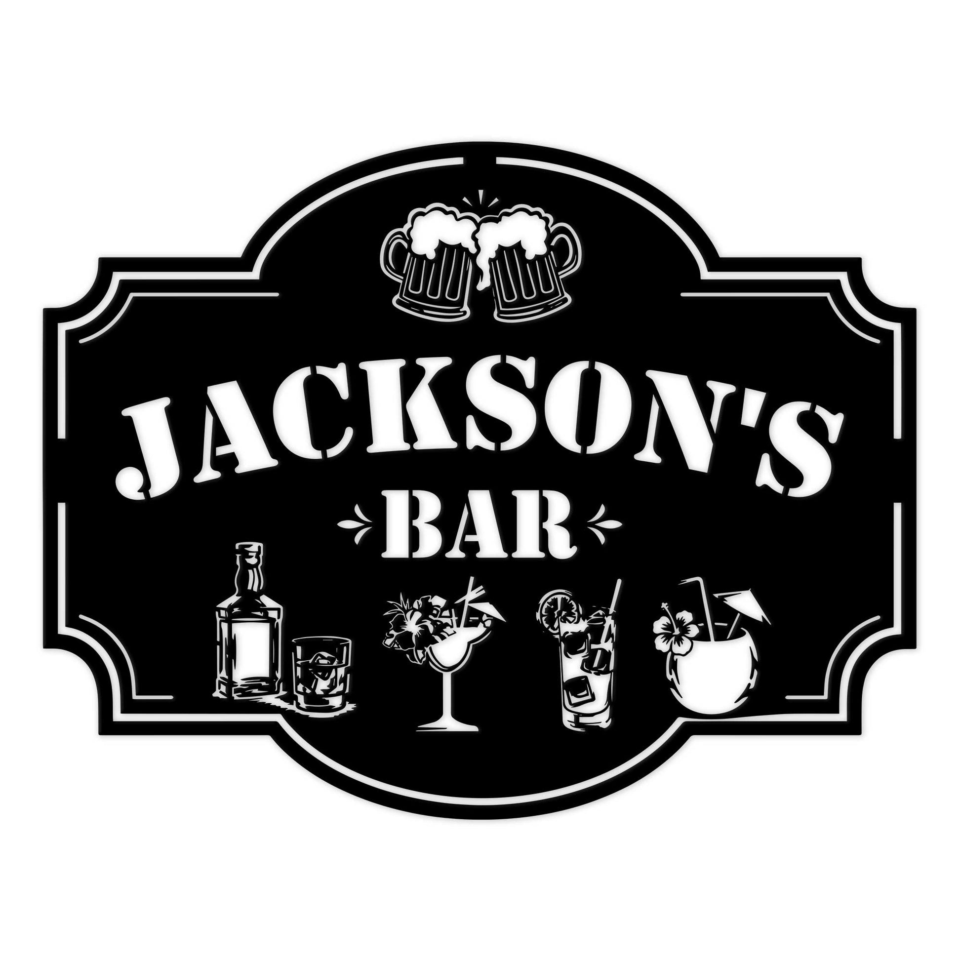 Custom bartender metal sign with beer mugs, liquor bottle, cocktail glasses, and classic bar plaque design