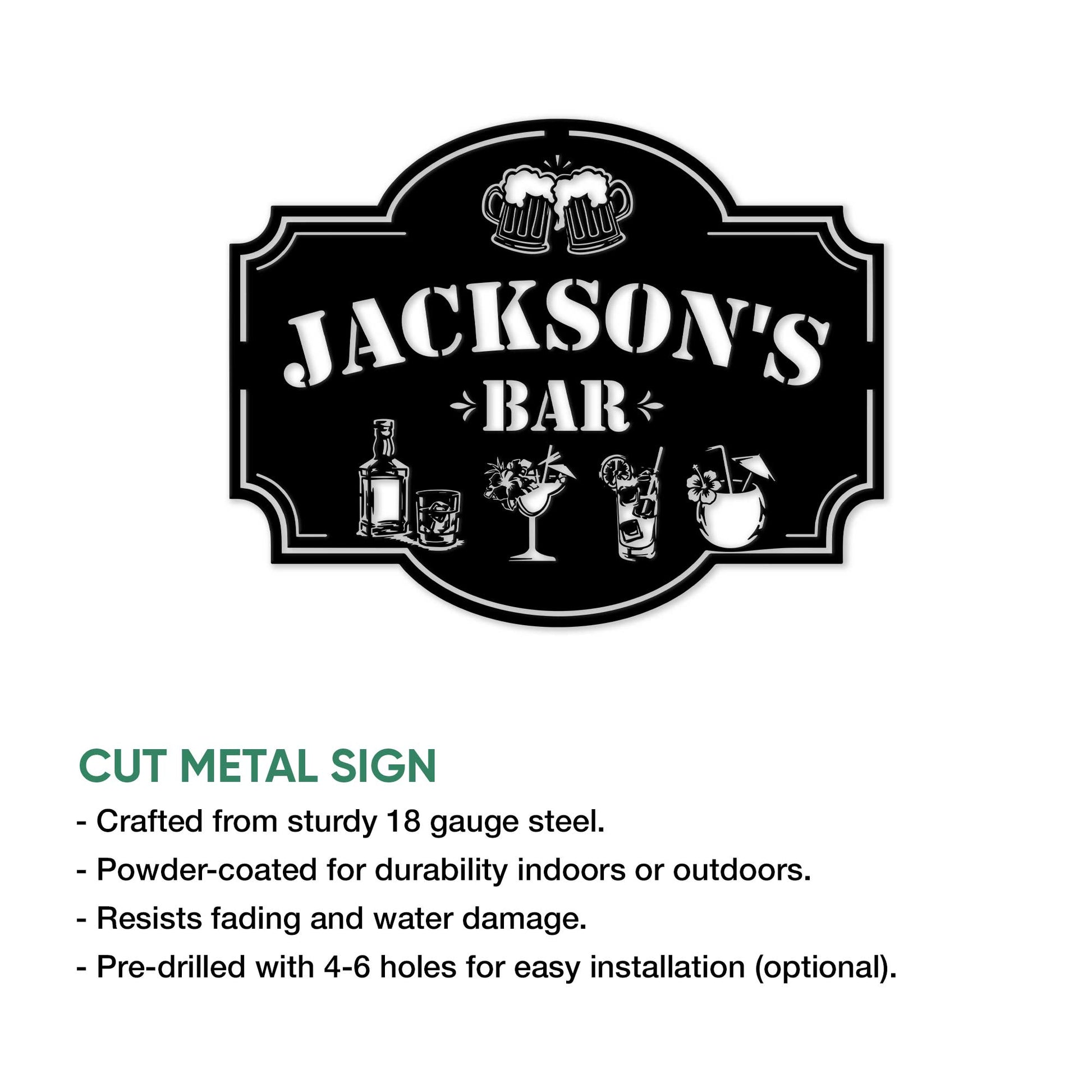 Bartender bar sign product infographic showing the decorative cut-metal plaque and available sign features