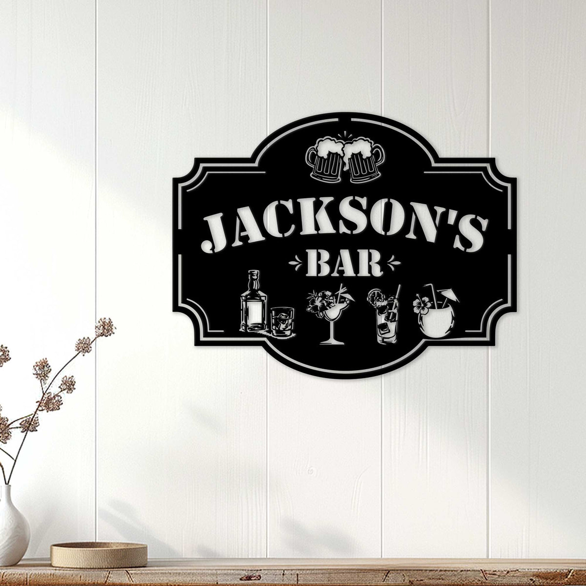 Bartender metal sign displayed on a light wood wall, creating a stylish home bar accent