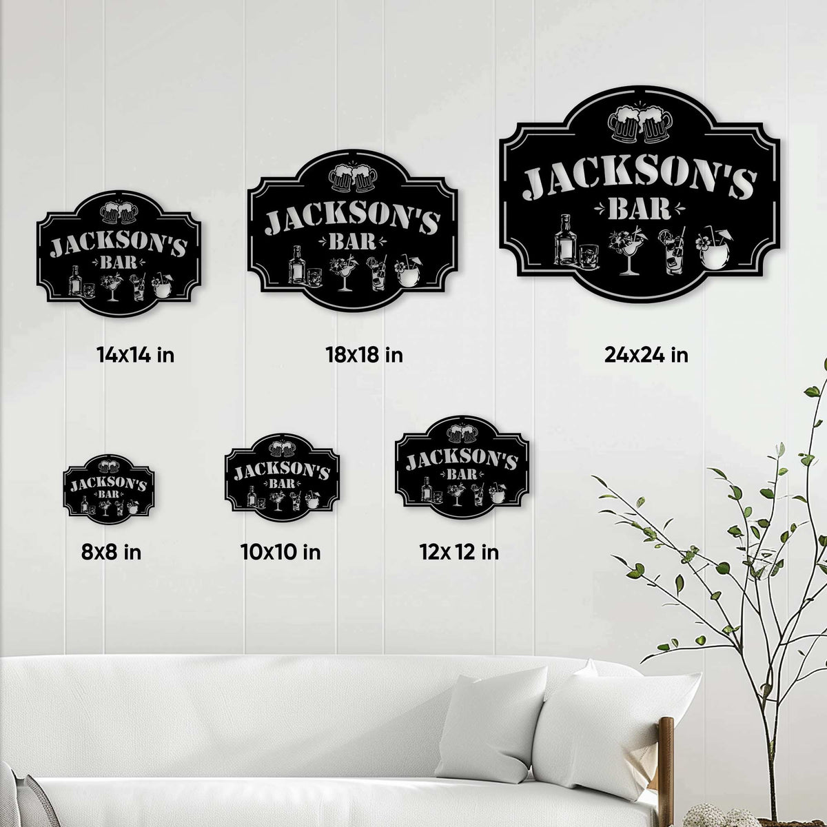 Home bar metal sign size guide displaying six available square sign sizes from 8 to 24 inches