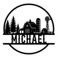 Custom farmer metal sign featuring a barn, silo, windmill, pine trees, fence, and rural farm silhouette