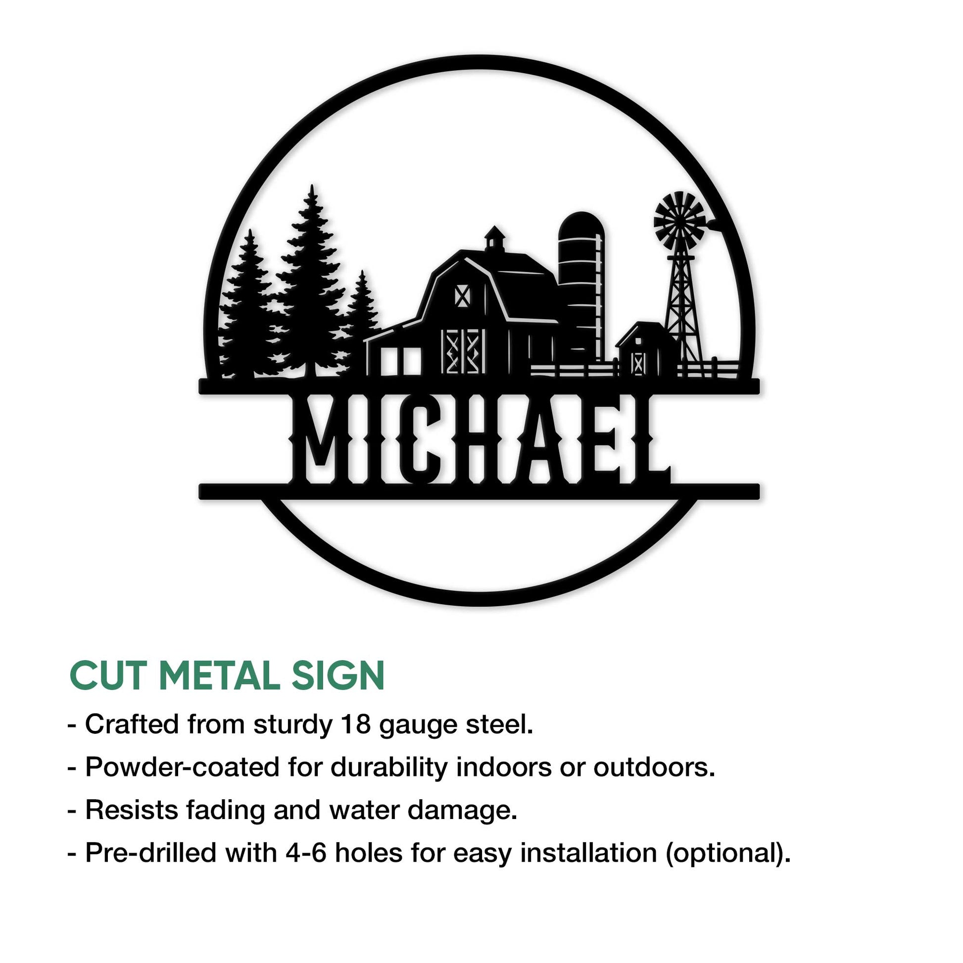 Farmhouse metal sign with a detailed barn scene, silo, windmill, trees, and bold custom design