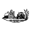 Custom farm metal sign featuring a barn, silos, tractor, and wheat stalks in a bold black silhouette