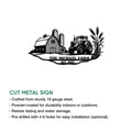 Farm metal sign feature graphic showing the barn, tractor, wheat design, and cut-sign presentation