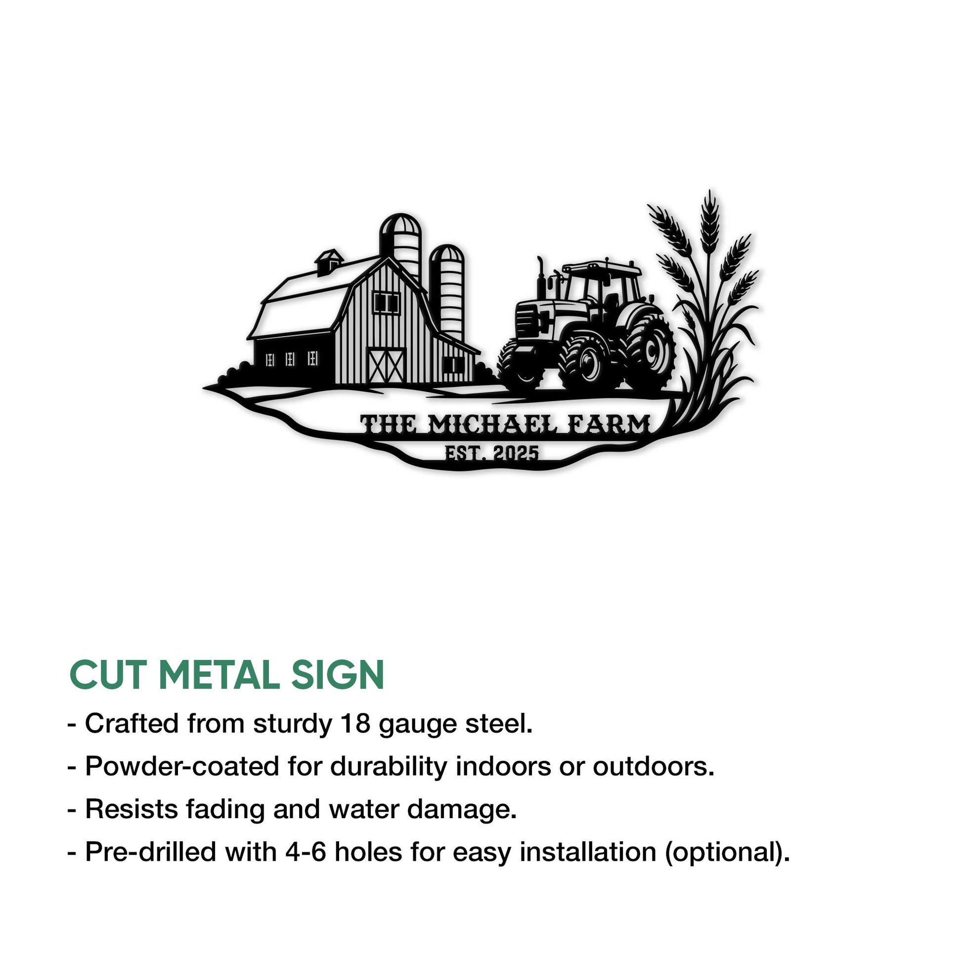 Farm metal sign feature graphic showing the barn, tractor, wheat design, and cut-sign presentation
