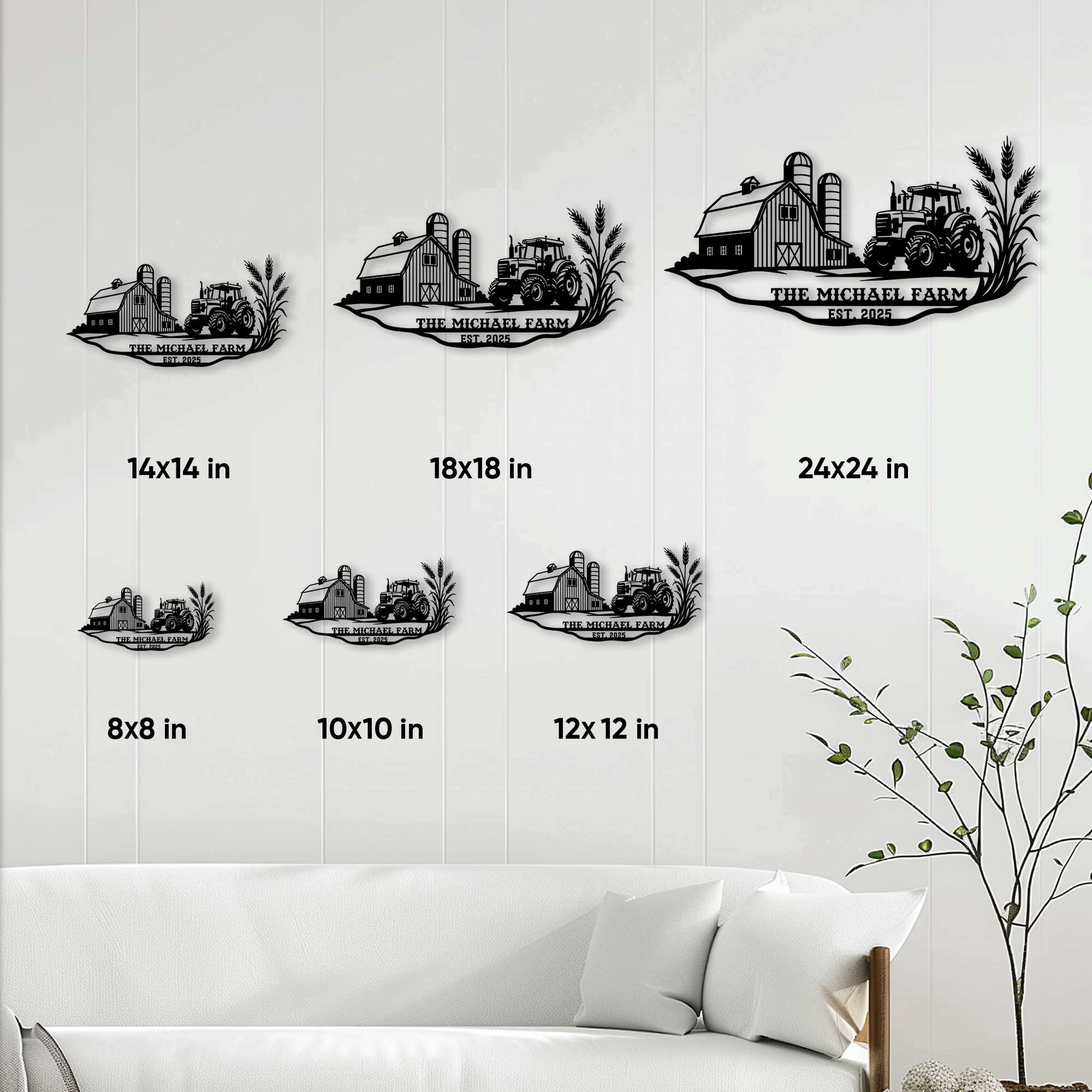 Farm metal sign size guide showing display examples in 8x8, 10x10, 12x12, 14x14, 18x18, and 24x24 inches