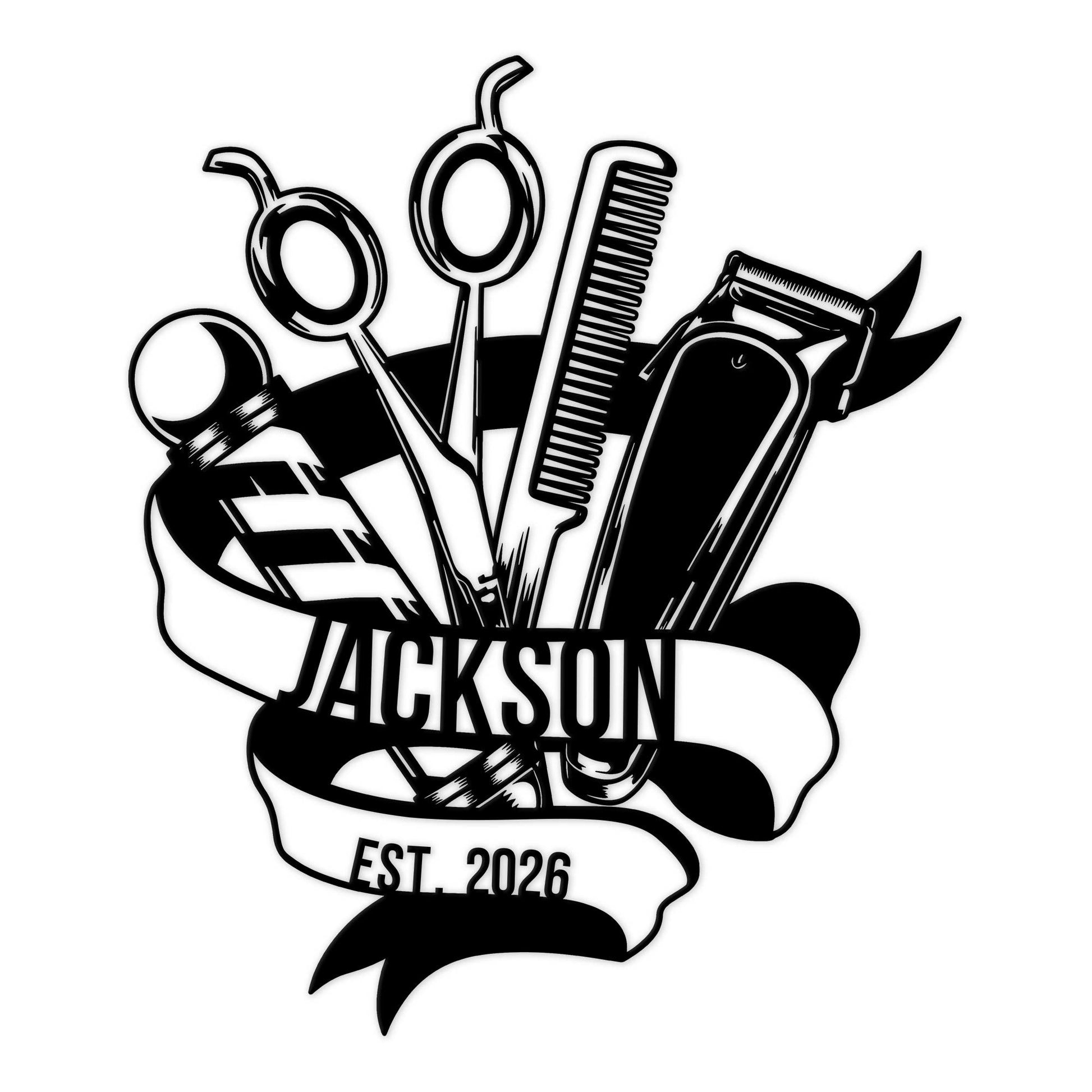 Custom hairstylist metal sign featuring scissors, comb, clippers, razor, and flowing ribbon artwork