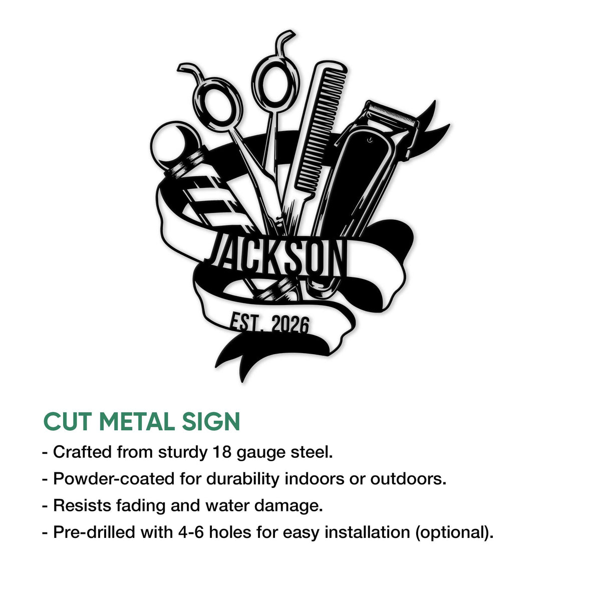 Hairstylist metal sign product graphic showing salon tool artwork and cut-metal sign presentation