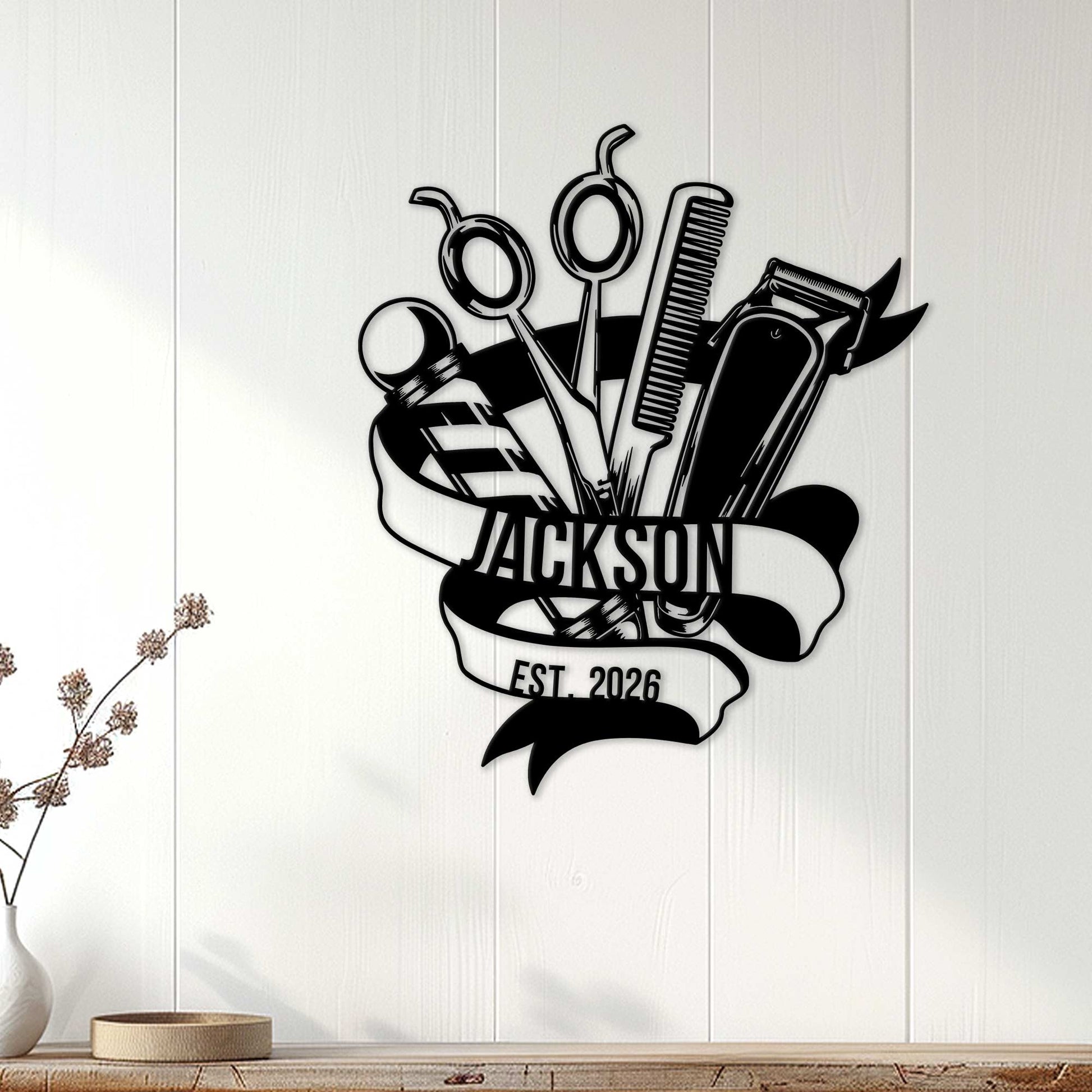 Hairstylist metal wall sign displayed on a light wood-paneled wall in a modern home setting