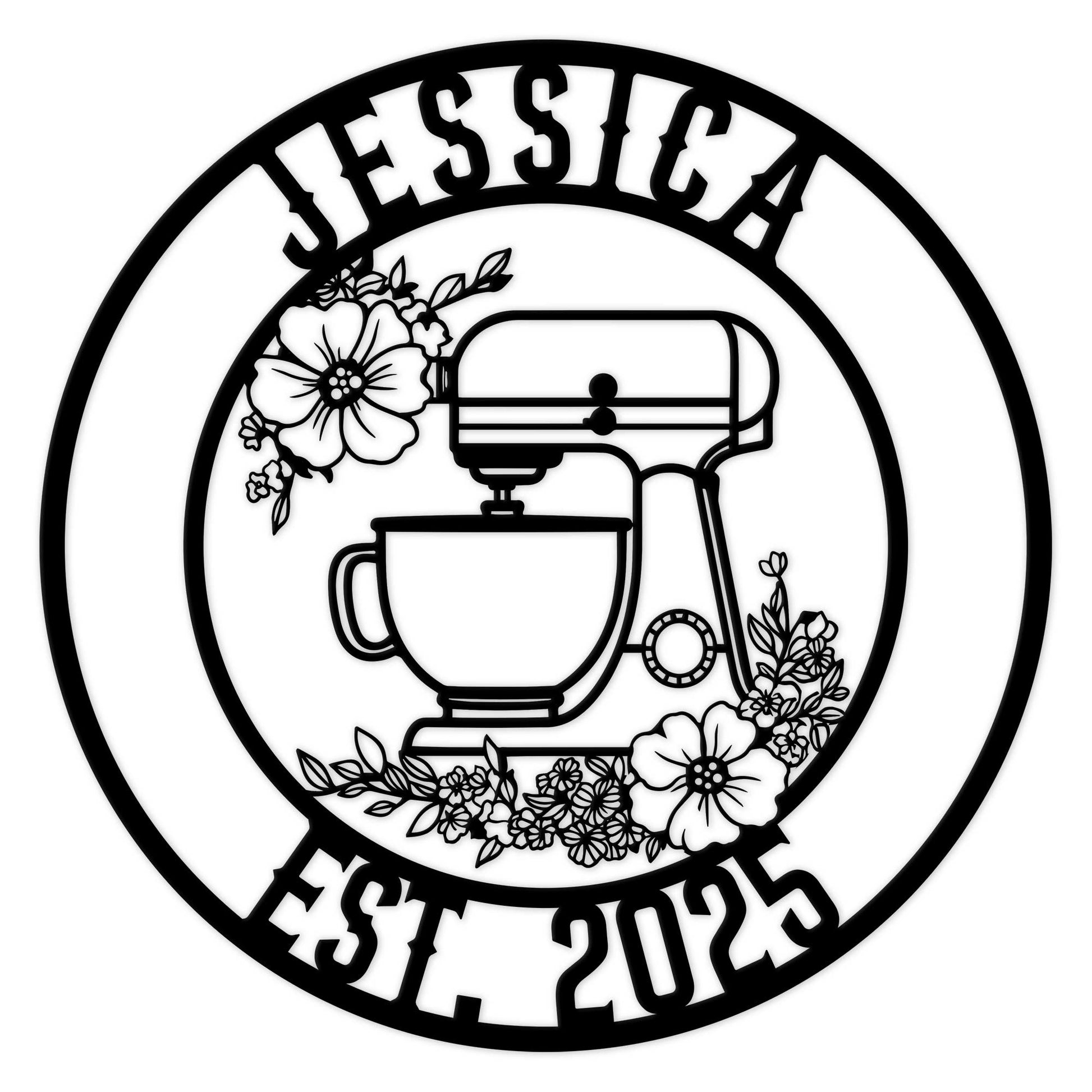 Round baking metal sign featuring a stand mixer, mixing bowl, and floral border