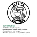 Cut metal baking sign shown with a floral stand mixer design and product feature details
