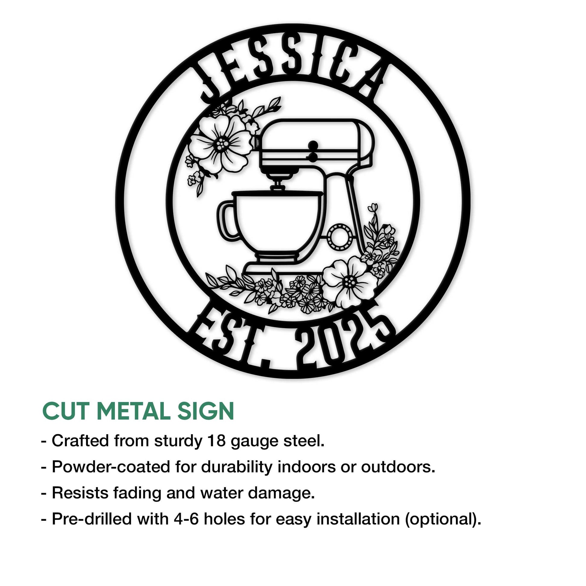 Cut metal baking sign shown with a floral stand mixer design and product feature details