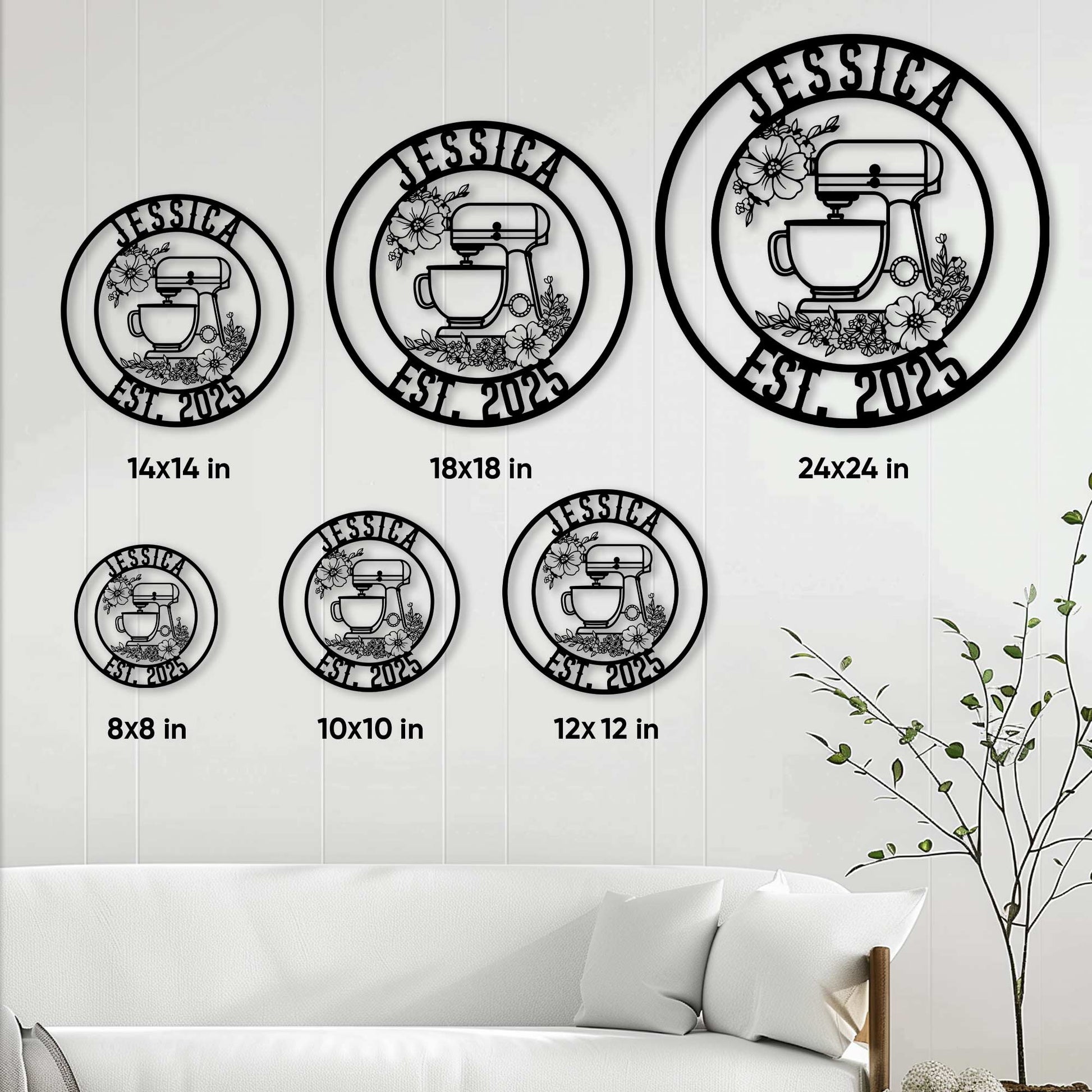 Baking metal sign size guide showing available round sizes from 8 by 8 to 24 by 24 inches