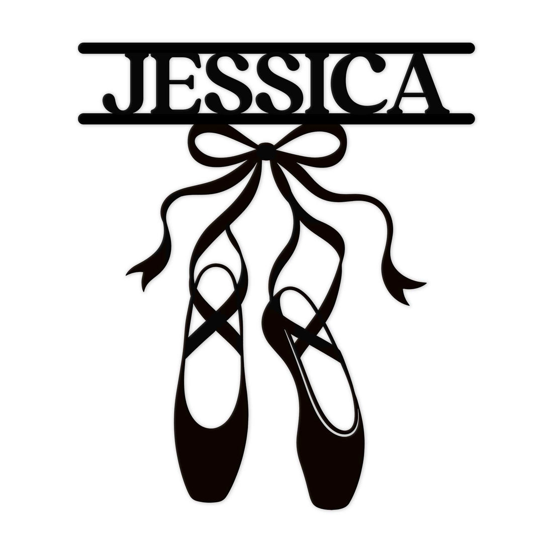 Custom ballet metal sign featuring black pointe shoes, flowing ribbons, and an elegant name design