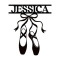 Custom ballet metal sign featuring black pointe shoes, flowing ribbons, and an elegant name design