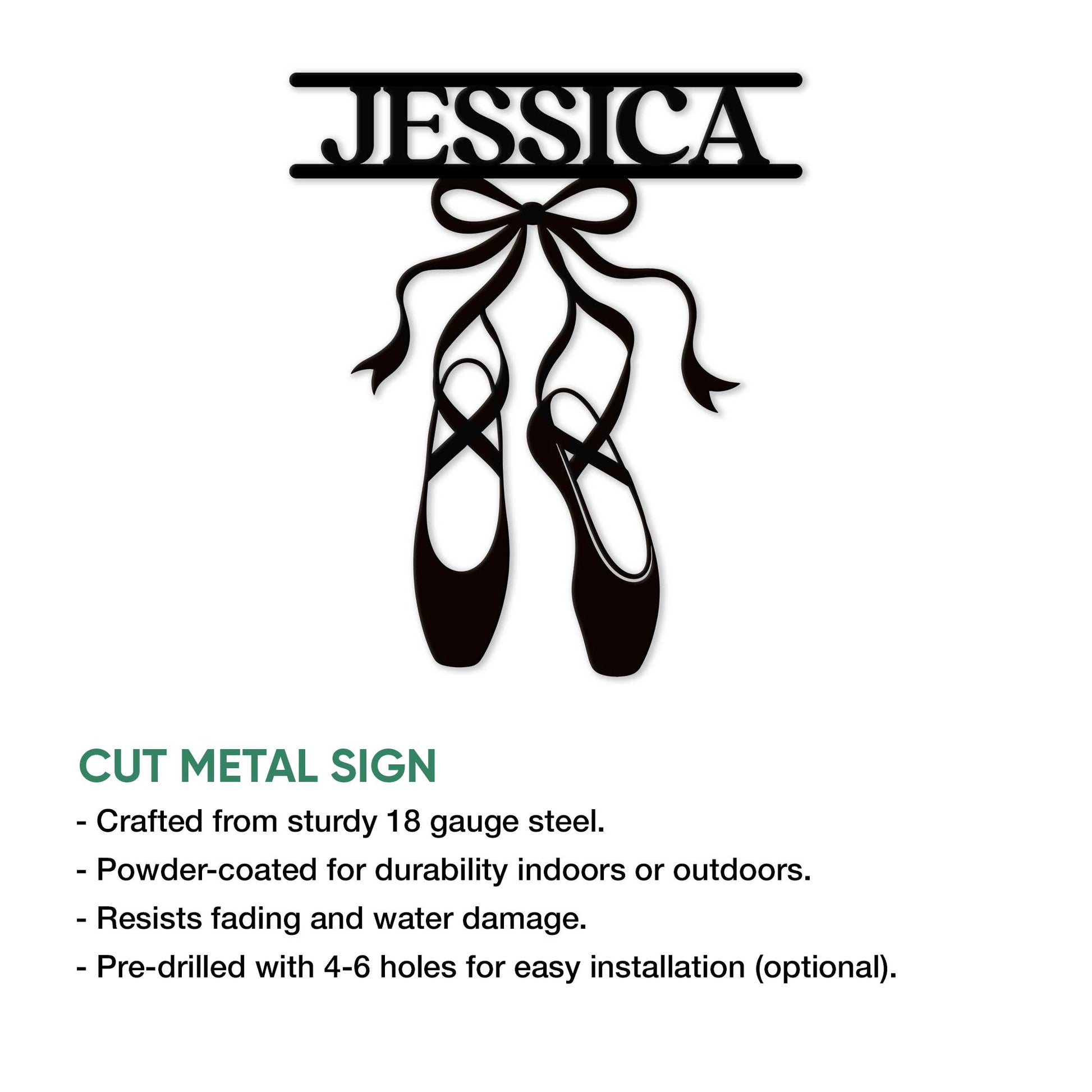 Ballet pointe shoe metal sign shown with a cut-metal product feature overview