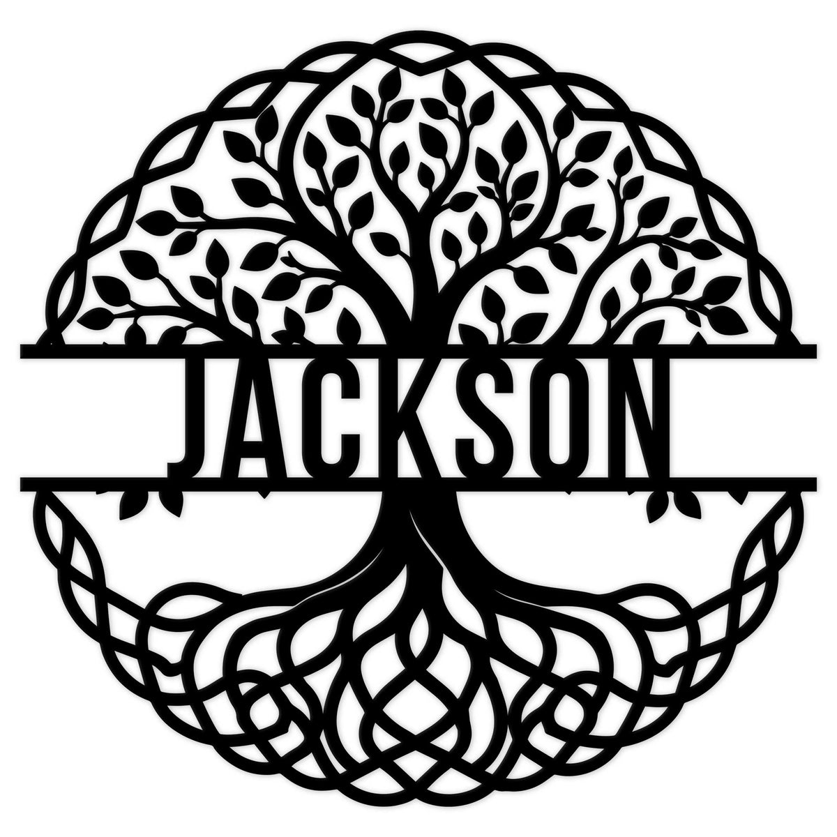 Intricate Tree of Life metal sign with leafy branches, woven roots, and a central custom design