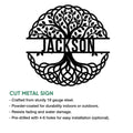 Tree of Life cut metal sign shown with product feature details and an intricate branch-and-root design