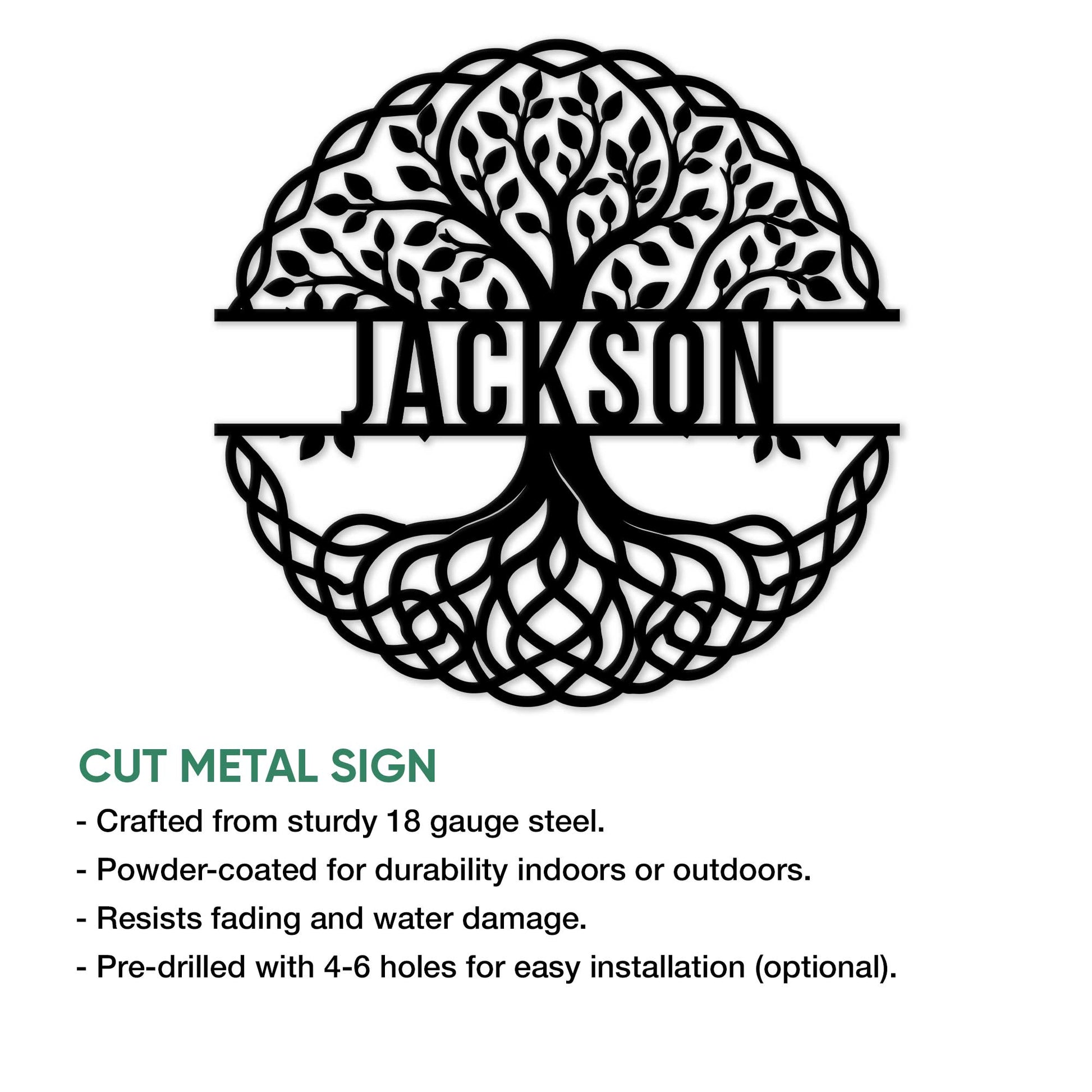 Tree of Life cut metal sign shown with product feature details and an intricate branch-and-root design