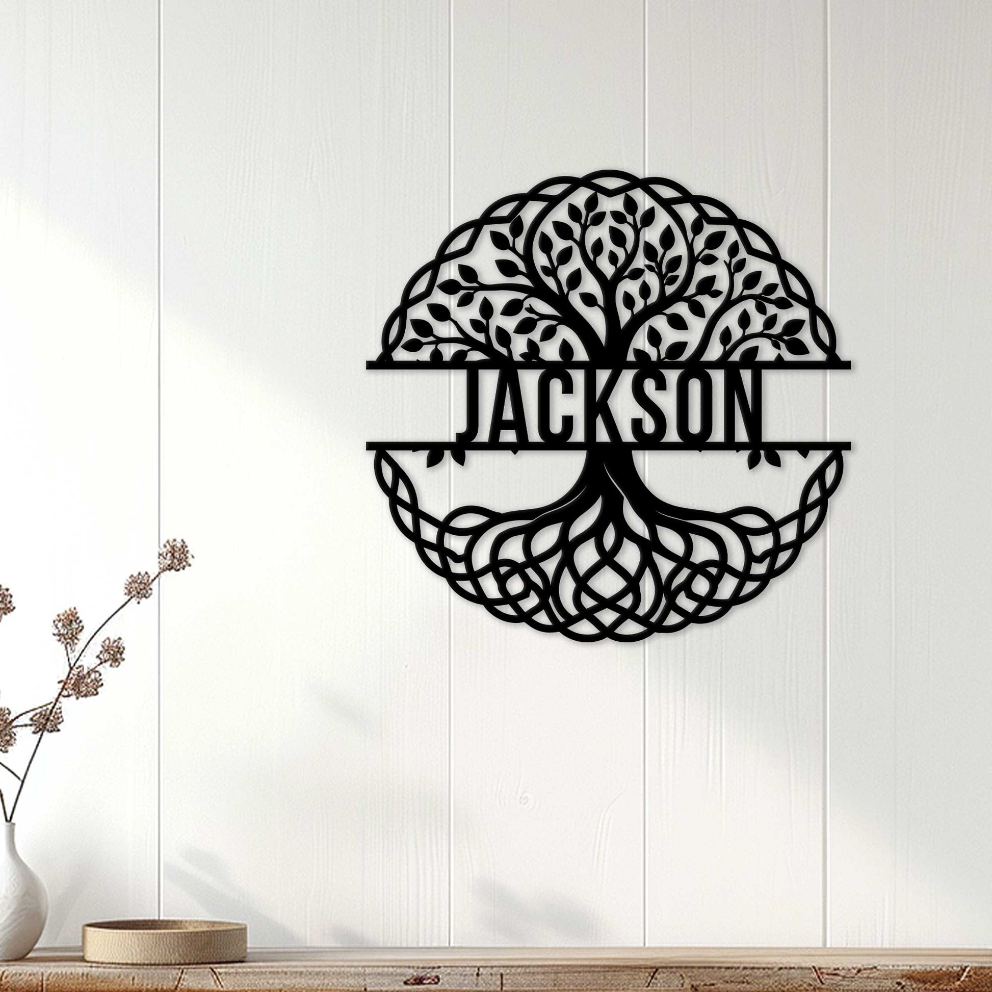 Tree of Life wall decor displayed on a light wood-paneled wall in a bright home setting