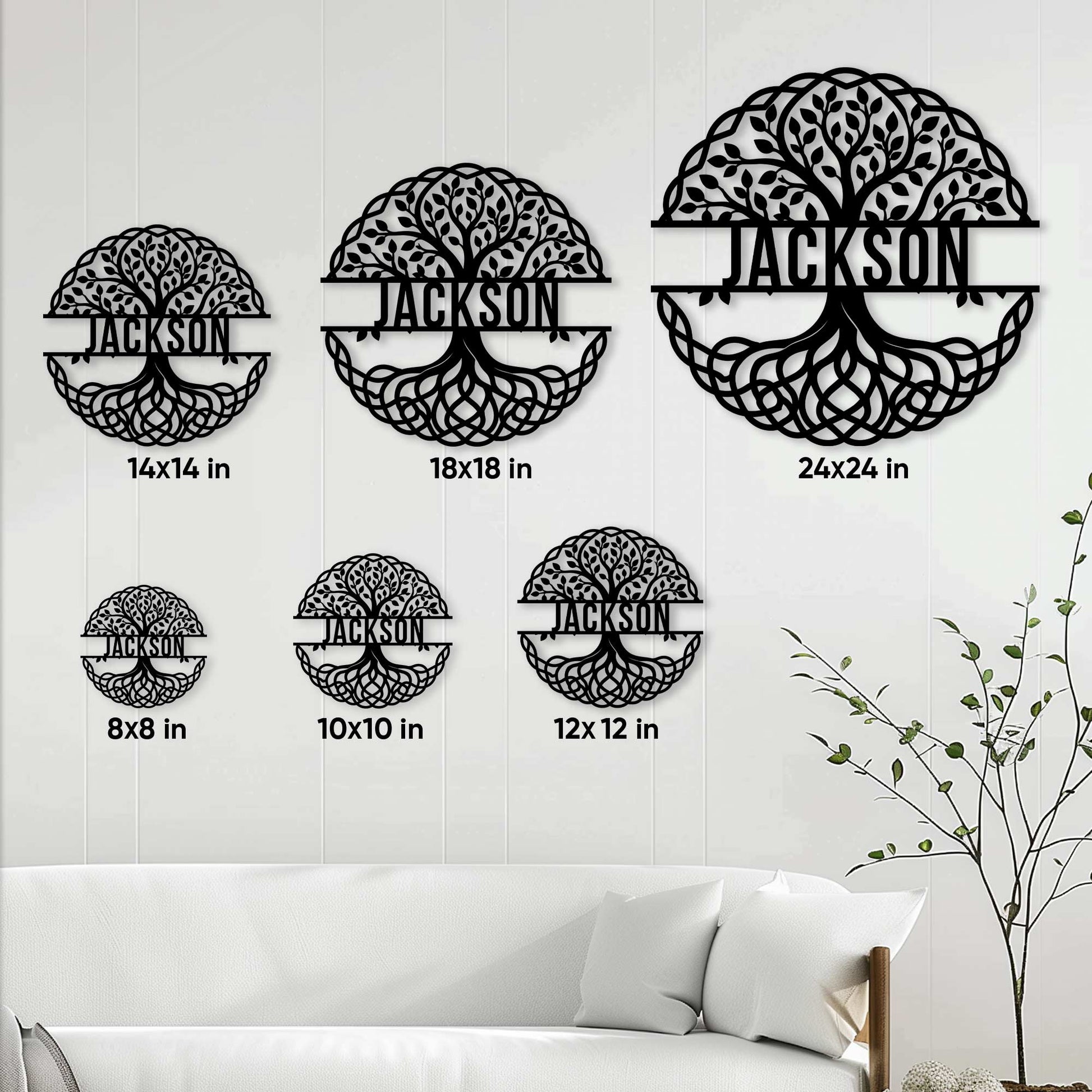 Tree of Life metal sign shown in multiple size options above a modern living room sofa