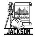 Civil engineer metal sign featuring a surveying transit, hard hat, bridge blueprint, and rolled plans