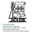 Civil engineering metal sign design shown with a surveying instrument, hard hat, bridge, and rolled construction plans