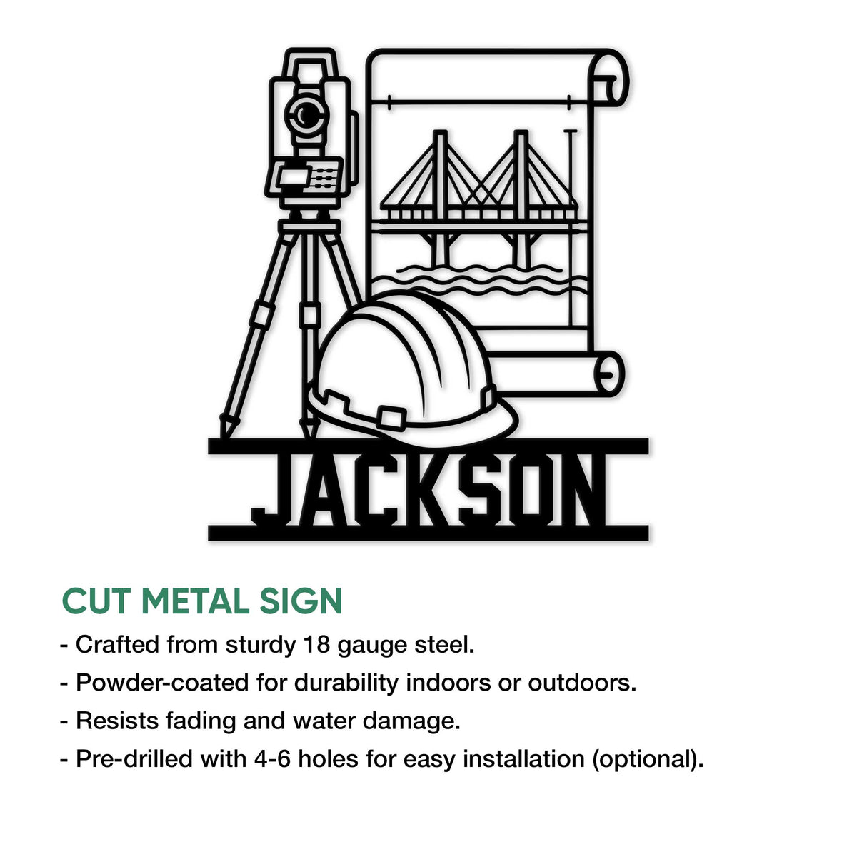 Civil engineering metal sign design shown with a surveying instrument, hard hat, bridge, and rolled construction plans
